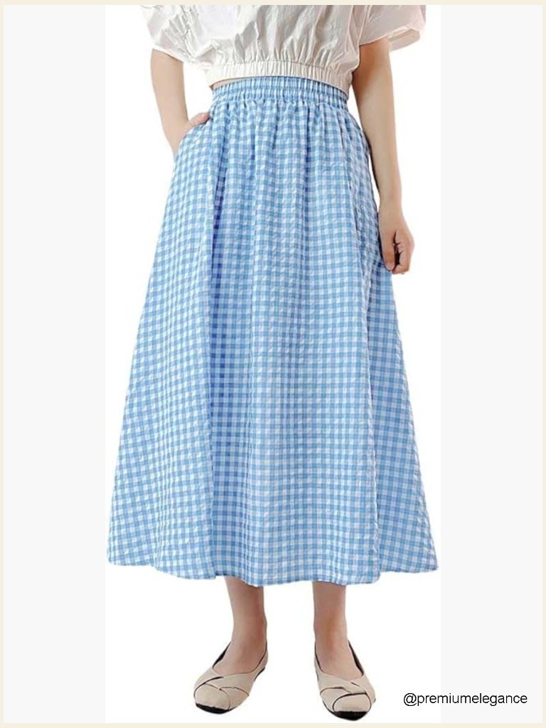 Elastic Waist Plaid Swing Pleated Midi Long Skirt With Pockets